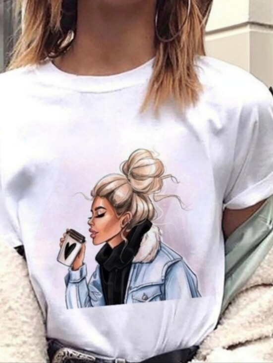 Tops - New Coffee Girl Graphic Tee - Messy Bun & Denim Jacket White